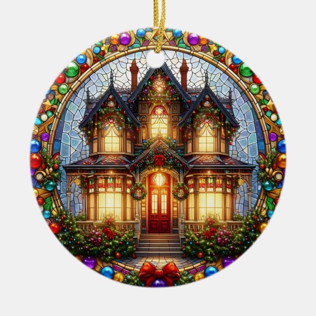 Falskt Glas-in-Ledning Viktorianskt Husornament Julgransprydnad Keramik (Framsidan)