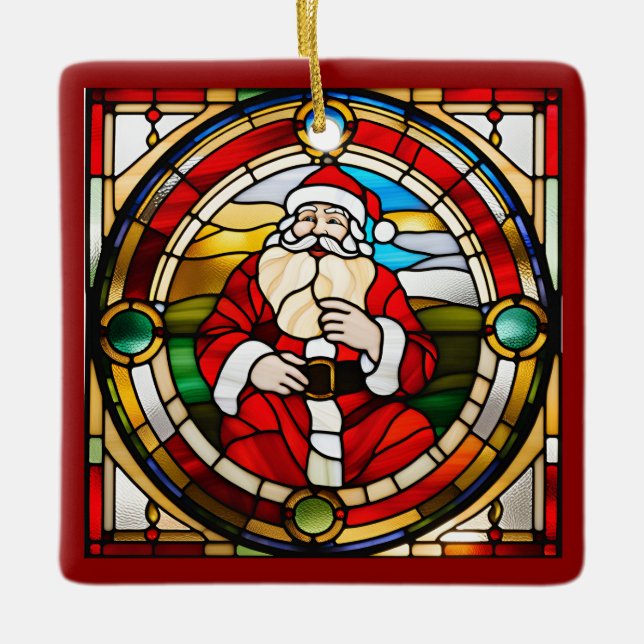 Falskt Glasfärgat Sittande Tomte  Julgransprydnad Keramik (Framsida)