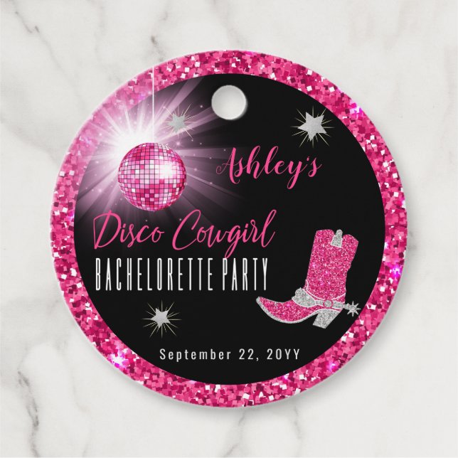 Falskt glitter Rosa Disco Cowgirl Sängvätningspart Gåvor Etiketter (Framsida)