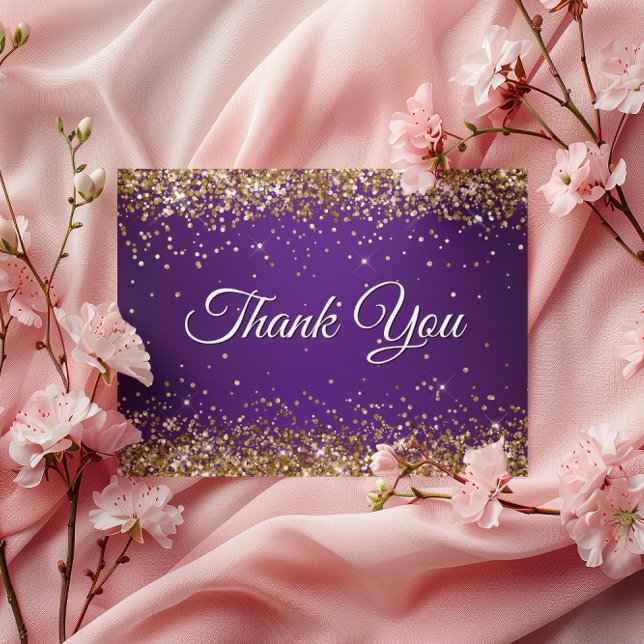 Falskt gnistrande guld glitter kunglig purpur tack vykort (Faux Sparkly Gold Glitter Purple Thank You Postcard)