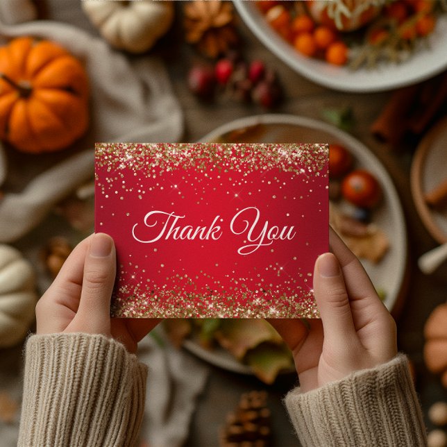 Falskt gnistrande guld glitter Ljus röd Tack Vykort (Faux Sparkly Gold Glitter Bright Red Thank You Postcard)