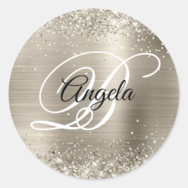 Falskt gnistrande platina glitterfoliemonogram runt klistermärke