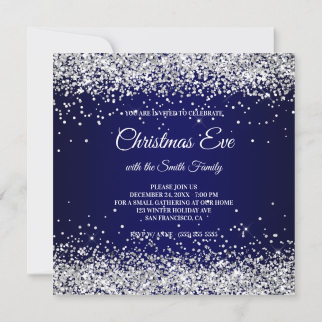 Falskt gnistrande silver glitter julblå inbjudningar (Baksida)