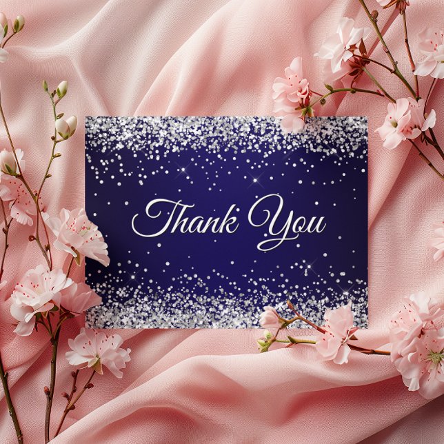 Falskt gnistrande silverglitter marinblå tack vykort (Faux Sparkly Silver Glitter Navy Blue Thank You Postcard)