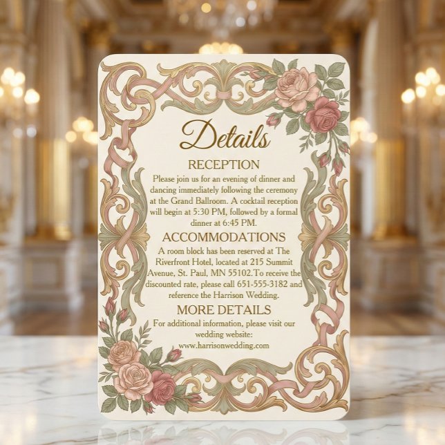 Falskt guld barock rullverk rosig blomster tilläggskort (Skapare uppladdad)