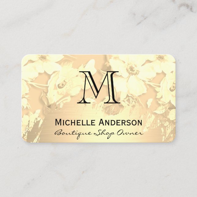 Falskt guld borstat klassiskt monogram blommönster visitkort (Framsida)