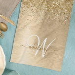 Falskt guld borstat metall glittertryck monogram kökshandduk<br><div class="desc">Personalisera enkelt denna trendiga snygga kökshandduk med vackert guld glittrande glitter på en guld borstat metallisk bakgrund.</div>