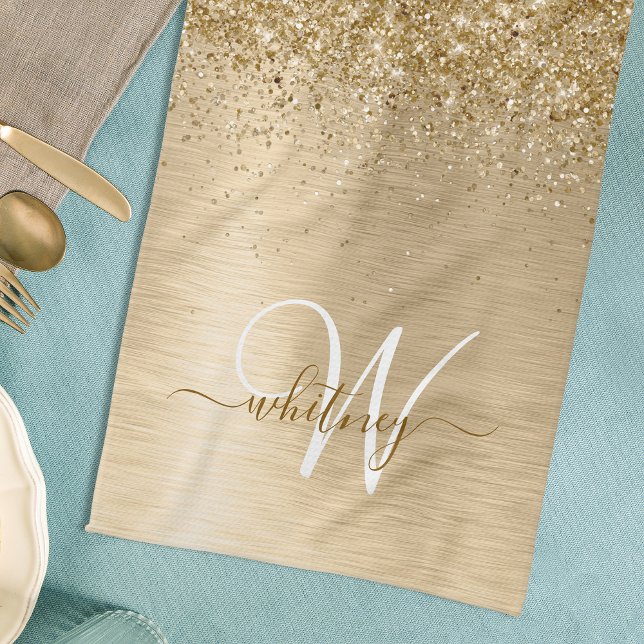 Falskt guld borstat metall glittertryck monogram kökshandduk (Skapare uppladdad)