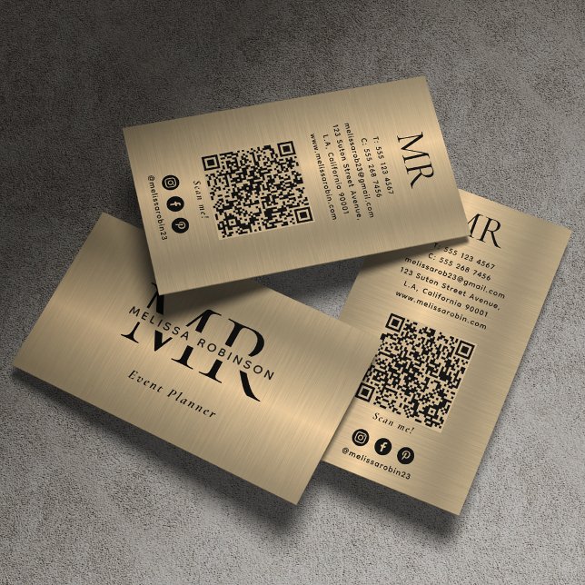 Falskt Guld Borstat Metalliskt Svart Monogram QR-k Visitkort (Skapare uppladdad)