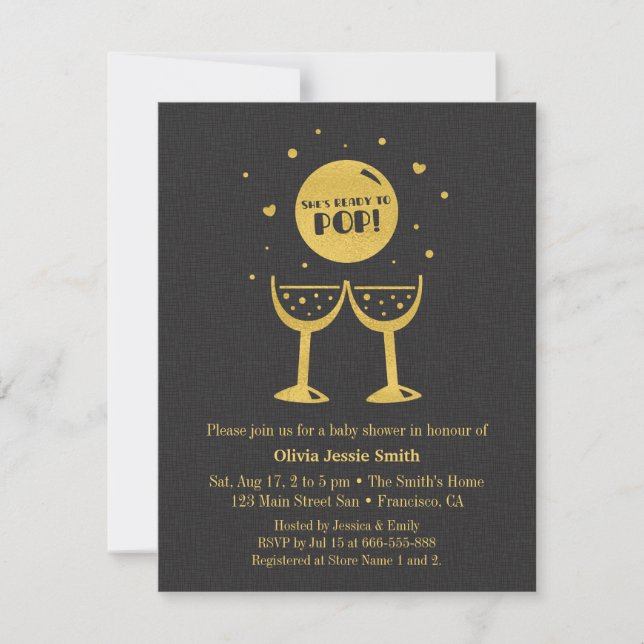 Falskt Guld Champagneglas Redo att Spricka Bebisdu Inbjudningar (Framsida)