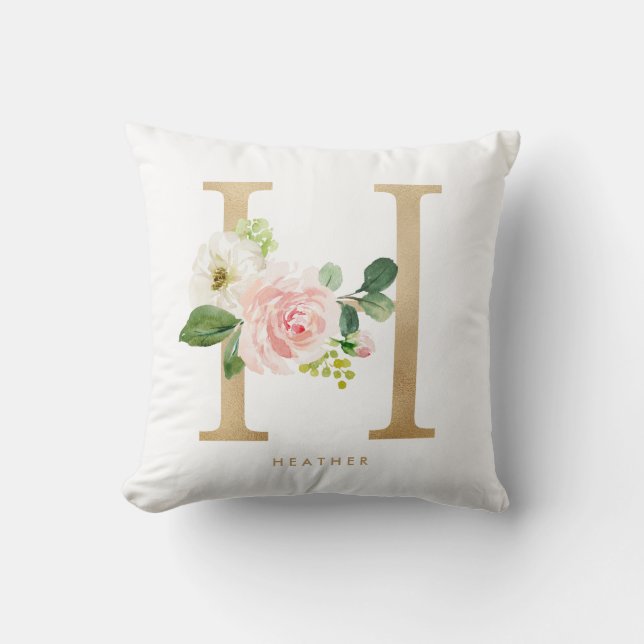 Falskt guld folie blommig bokstav H monogram Kudde (Framsida)