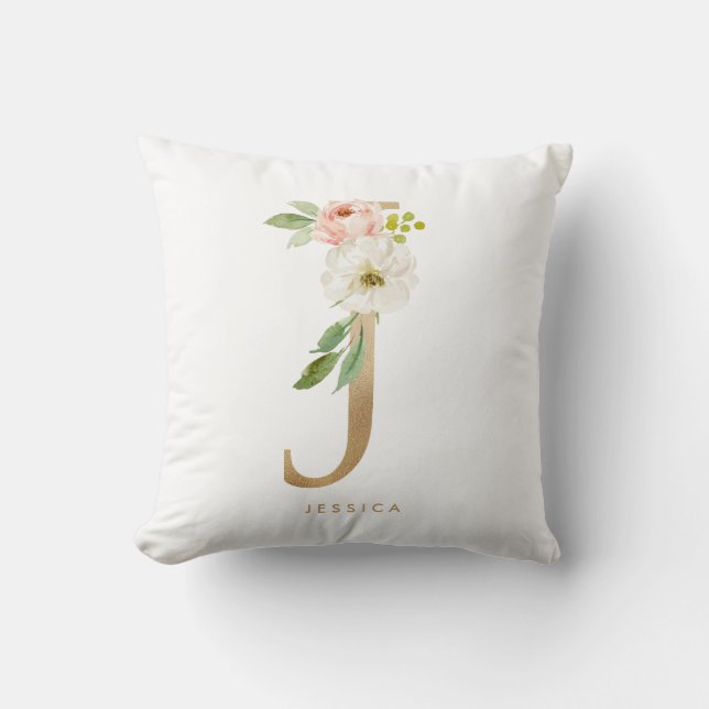 Falskt guld folie blomstermönster bokstav J monogr Kudde (Framsida)