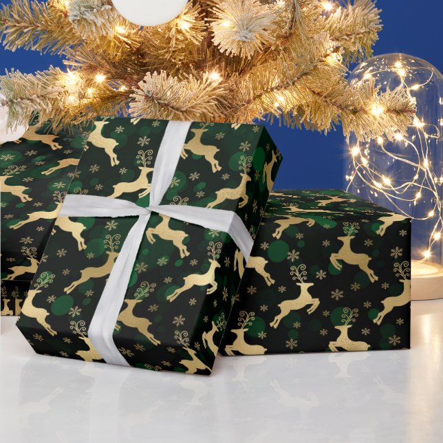 Falskt guld folie jul renar & grön bokeh presentpapper (Helgdagar)
