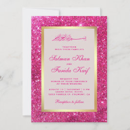 Falskt guld folie Ljus rosa glitter Islamsk bröllo Inbjudningar