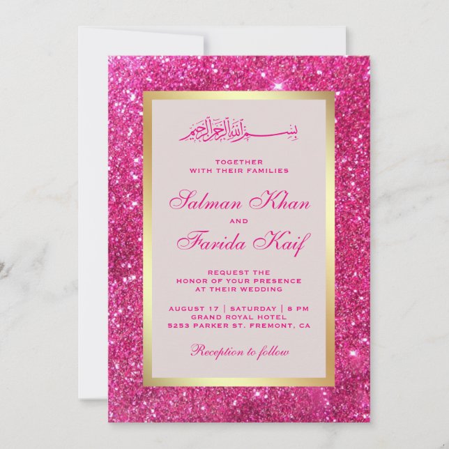 Falskt guld folie Ljus rosa glitter Islamsk bröllo Inbjudningar (Framsida)