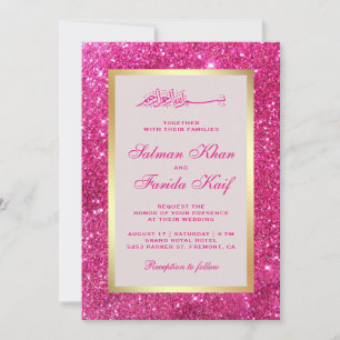 Falskt guld folie Ljus rosa glitter Islamsk bröllo Inbjudningar