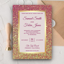Falskt guld folie rosa glitter bröllopsinbjudan