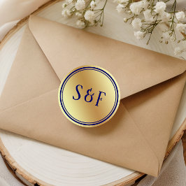 Falskt guld folie Royalblått Monogram Kuvert Sigil Runt Klistermärke