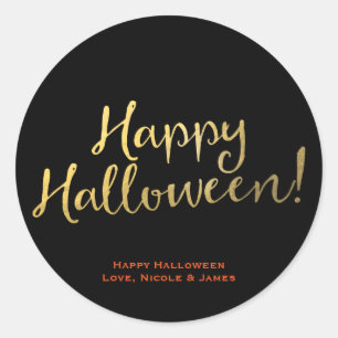 Falskt guld folie-utseende GLAD HALLOWEEN present Runt Klistermärke