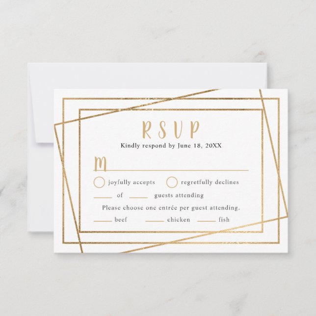 Falskt guld geometrisk ram Bröllop RSVP + rätter OSA Kort (Framsida)