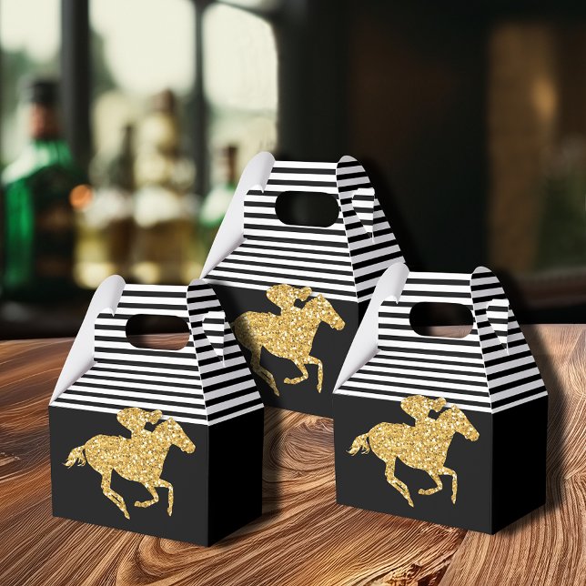 Falskt Guld Glitter Kapplöpningshäst Svart Vita Rä Presentaskar (Gold racehorse Derby party favor boxes are 4"w x 2.5"l x 5"h, ship flat, simple assembly required.)