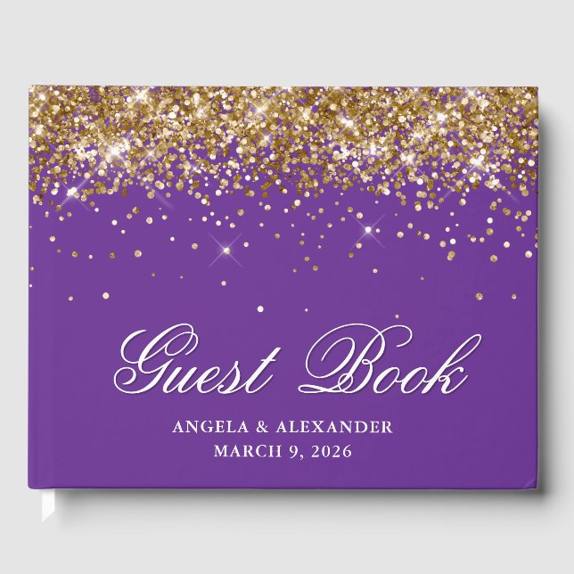 Falskt Guld Glitter Royal Lila Bröllop Gästböcker (Framsida)