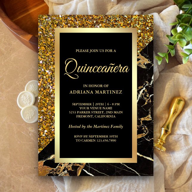 Falskt guld glitter svart guld marmor Quinceanera Inbjudningar (Skapare uppladdad)
