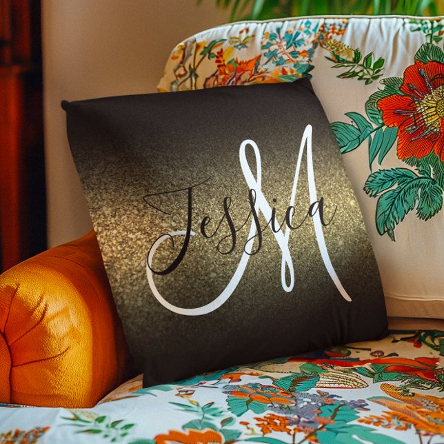 Falskt Guld Glitter Svart Ombre Monogram Kudde (Faux Gold Glitter Black Ombre Monogram Throw Pillow)