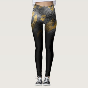 Falskt Guld Leopard Gepardtryck Blank Svart Chic Leggings