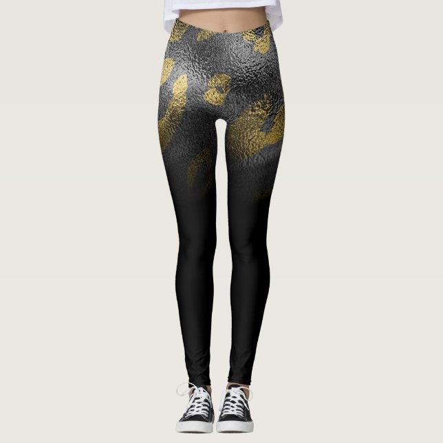 Falskt Guld Leopard Gepardtryck Blank Svart Chic Leggings (Framsida)