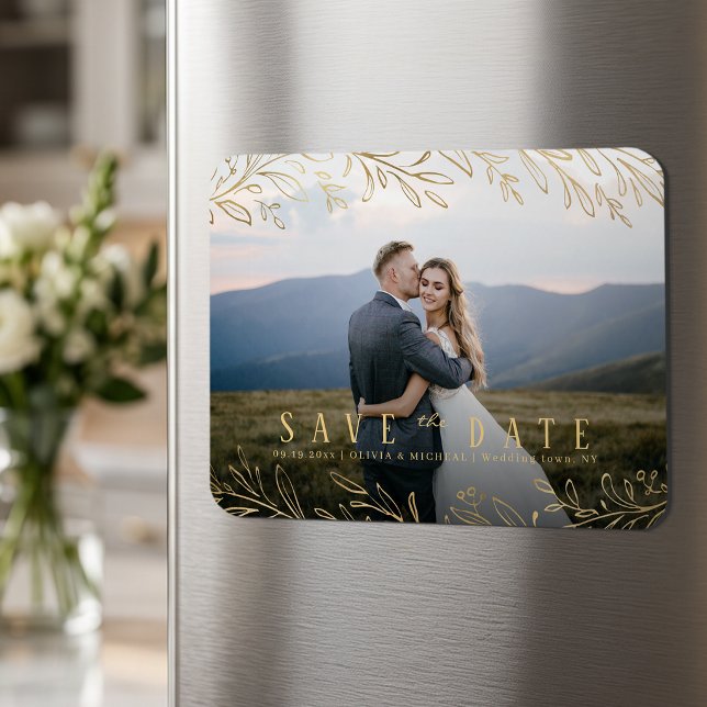 Falskt guld rustik botanisk foto spara datum magnet (Faux gold rustic botanical photo save the date magnet)