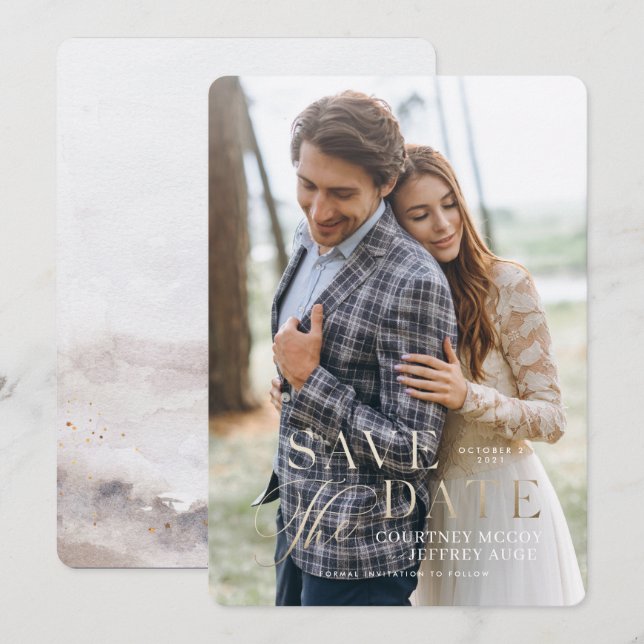 Falskt guldblad Höstbröllop Spara datumet Inbjudningar (Fram/baksida)