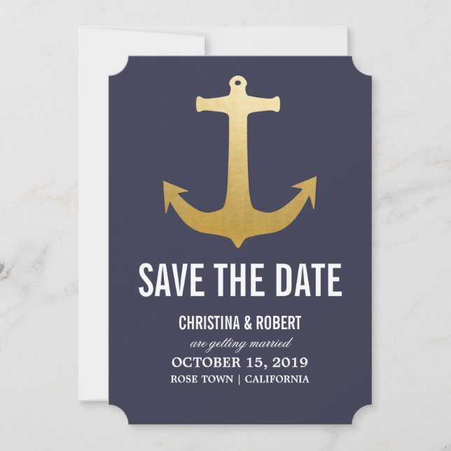 Falskt guldblad nautiskt ankare Save The Date Spara Datumet (Framsida)