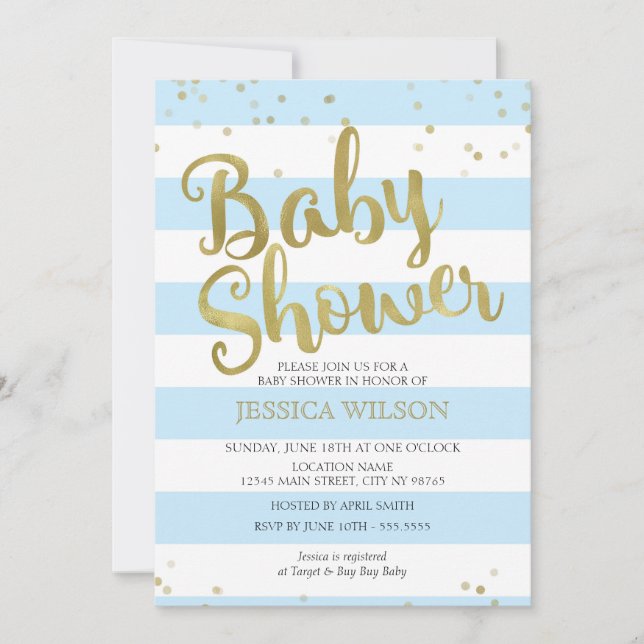 Falskt guldfolie, Blåa ränder Baby Shower Pojke Inbjudningar (Framsida)