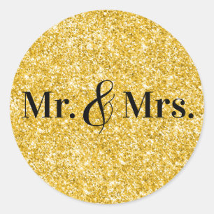 Falskt guldglitter Mr. & Mrs. Bröllop Runt Klistermärke