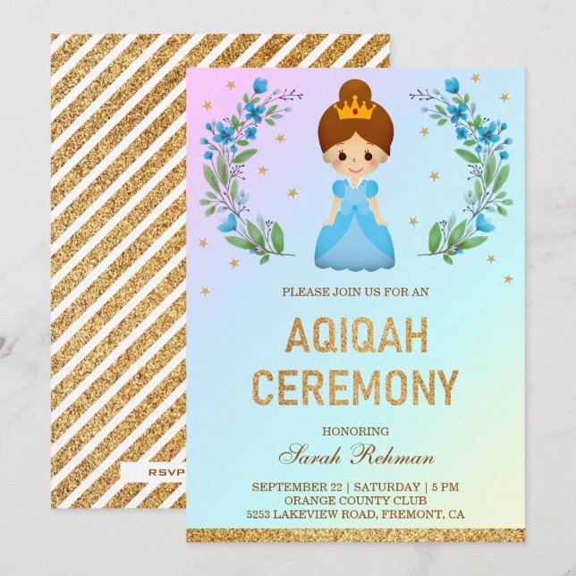 Falskt guldglitter Söt blå prinsessa Aqiqah Inbjudningar (Fram/baksida)