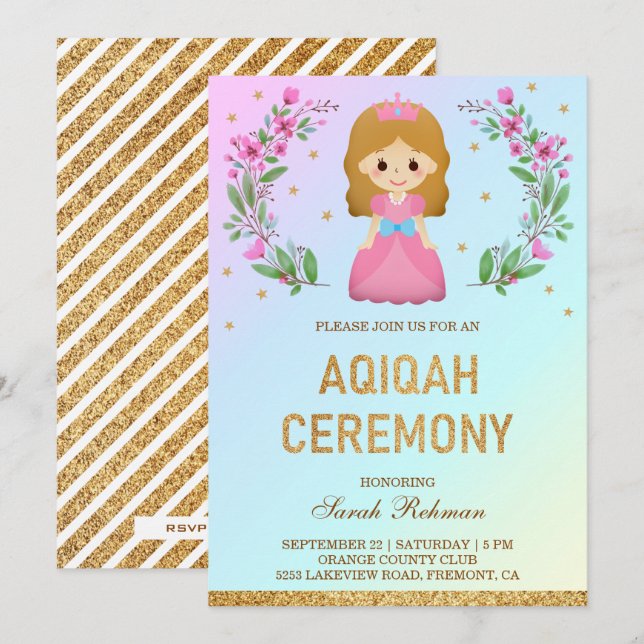 Falskt guldglitter Söt rosa prinsessa Aqiqah Inbjudningar (Fram/baksida)