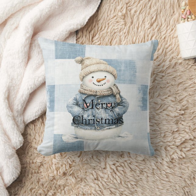 Falskt julsnömannen i blå denim kudde (Filt)