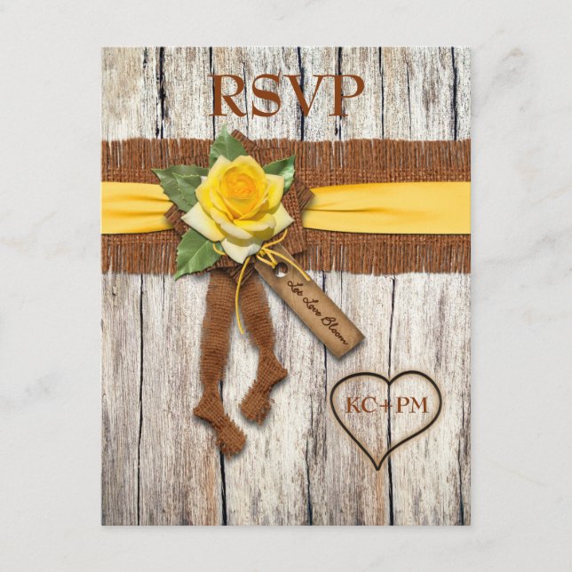 FALSKT Jute, Trä, Gul Ros Bröllopssvarskort OSA Kort (Framsida)