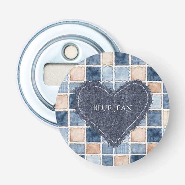 Falskt krämfärgad denimblå jean hjärta flasköppnare (Framsidan)