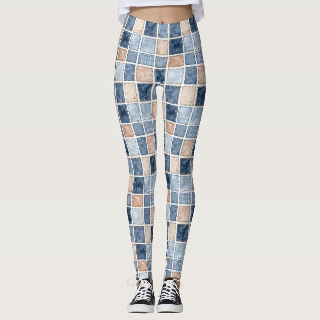 Falskt krämfärgad denimblå jeanskjol leggings (Framsida)