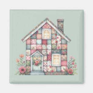 Falskt lapptäcke Cottagecore Blommigt Hus Magnet