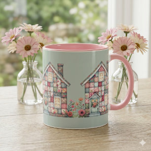 Falskt lapptäcke Cottagecore Blommigt Hus Mugg