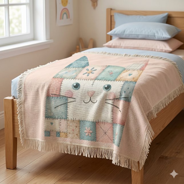 Falskt lapptäcke Pastell Stugkatts Ansikte Filt (Faux Patchwork Pastel Cottage Kitty Face Throw Blanket)