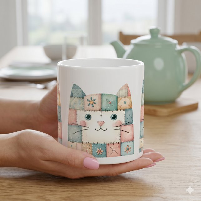 Falskt lapptäcke Pastell Stugkatts Ansikte Kaffemugg (Faux Patchwork Pastel Cottage Kitty Face Coffee Mug)