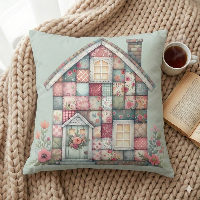 Falskt lapptäcksstugcoolt blomsterhus kudde (Faux Patchwork Cottagecore Floral House Throw Pillow Mockup A)