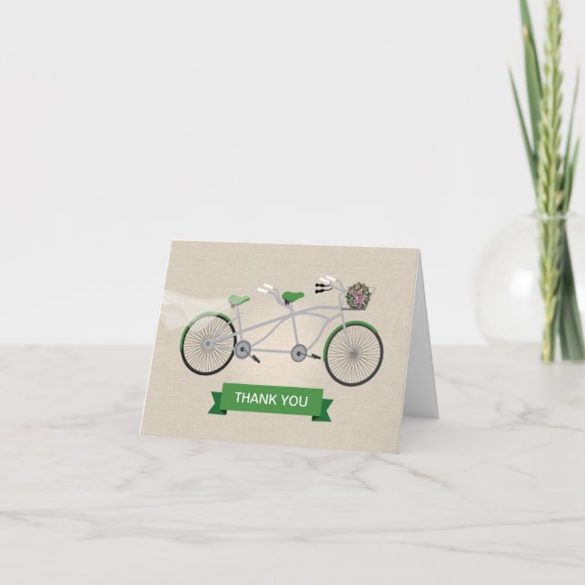 Falskt Linne Grön Tandem Cykel Bröllop Tack Kort (Framsida)