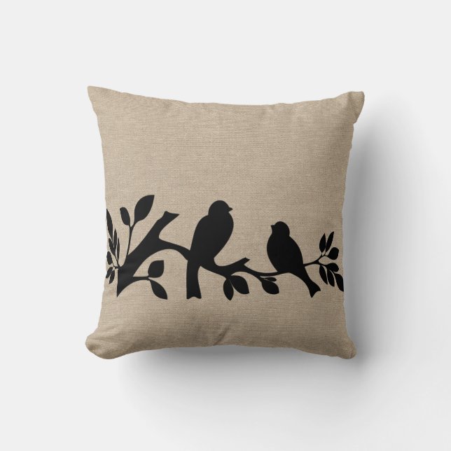 Falskt linnevävt jute rustic chic kärleksfåglar mö kudde (Framsida)