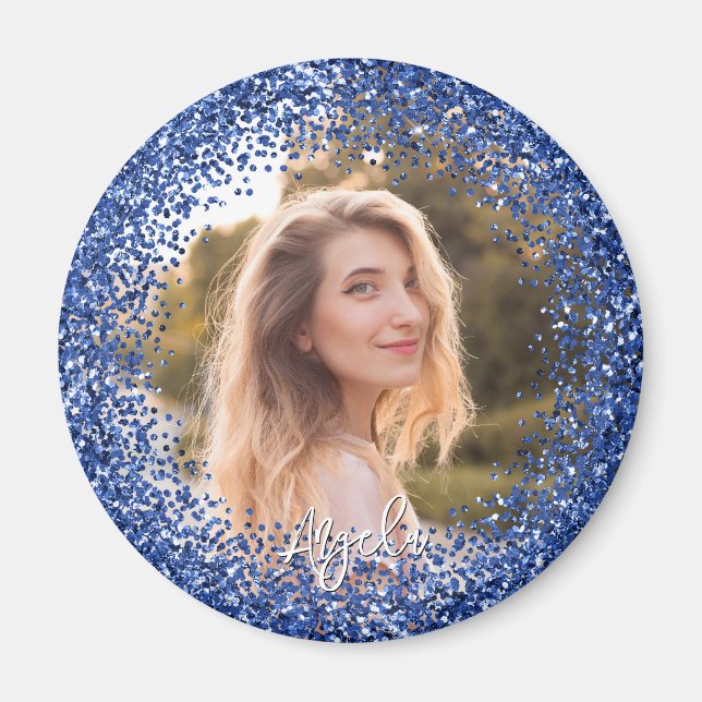 Falskt marinblått glitterfoto magnet (Framsidan)