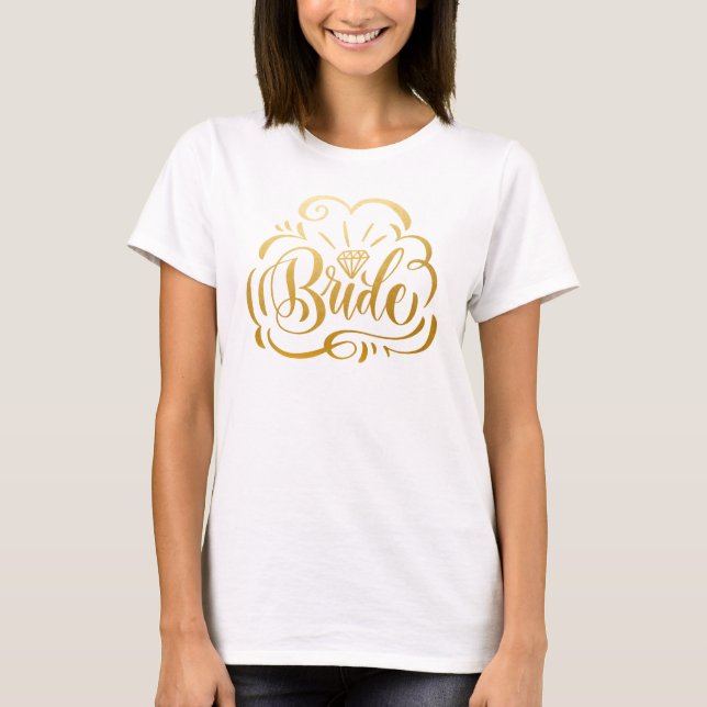 Falskt metalliskt guld handskriven brud och diaman t shirt (Framsida)